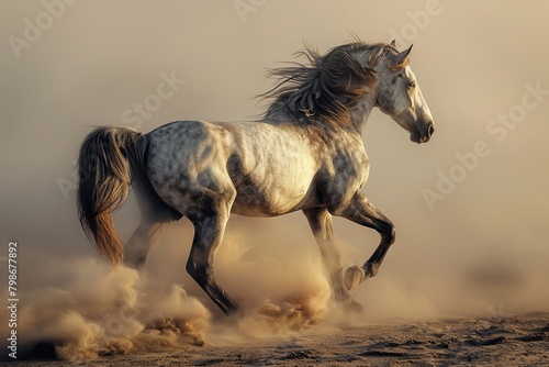 Silver Stallion: Grey Horse Rearing in Desert Sunset Dust Storm