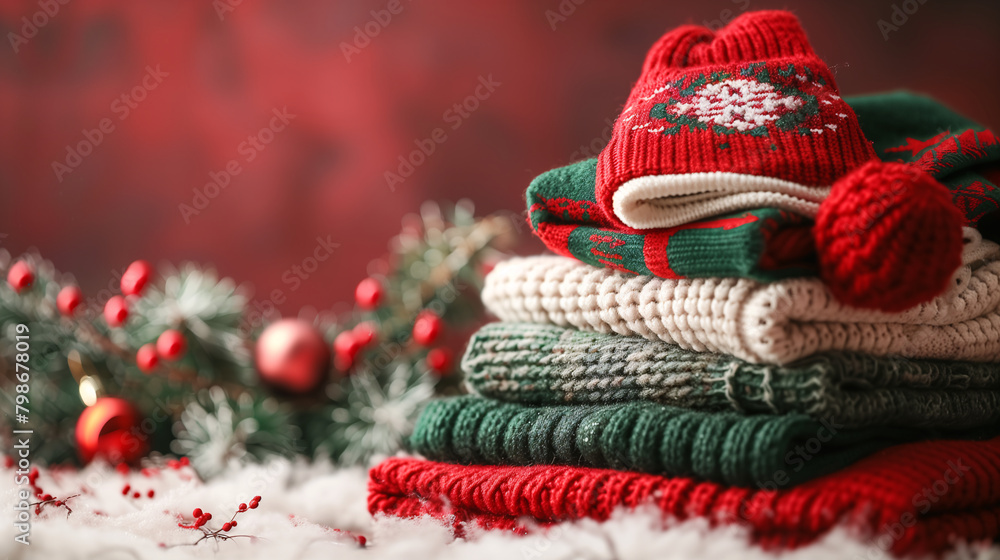 Fototapeta premium Stack of folded clothes with copy-space for text. Winter and Christmas collection. Knitted sweaters and hat in red and green color were displayed on a red background with ornaments.