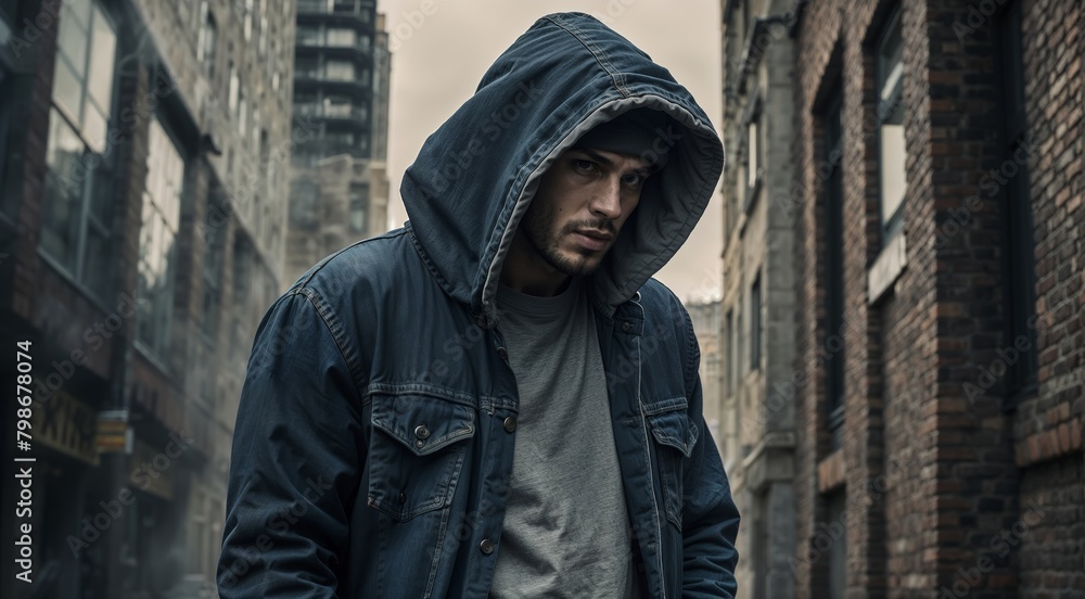 Portrait of a young man in a hood on the background of buildings Portrait of a young man in a hood on the background of buildings