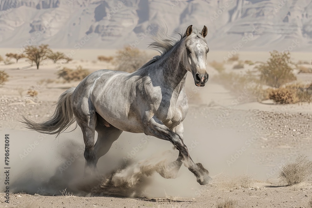 Wild Grey Horse's Majestic Freedom Gallop: Desert Dust Billowing Wild Grey Horse's Majestic Freedom Gallop: Desert Dust Billowing
