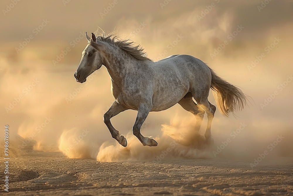 Gallop of Freedom: A Grey Horse's Serenade at Sunrise in the Dusty Desert