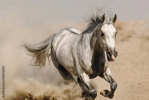 Storming Stallion  Grey Horse s Desert Charge - A Spectacle of Speed and Dust