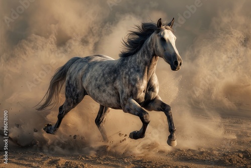 Grey Horse Galloping  A Serenade to Sunrise in the Desert
