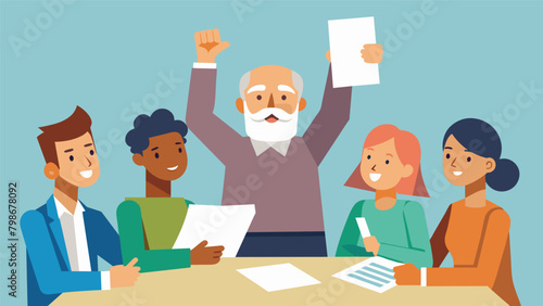 An older historian holding up a document while younger activists point to specific passages and ask questions during the roundtable.. Vector illustration