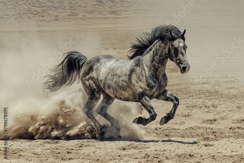 Wild Desert Charge: Grey Horse's Fast and Furious Dance of Power