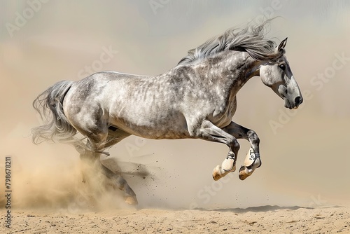 Grey Horse's Majestic Leap: Wild Freedom and Powerful Grace in Sandy Expanse