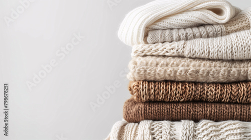 Stack of folded clothes on plain background with copy-space for text. Winter collection. Knitted sweaters in brown color tones were displayed on a plain white background.