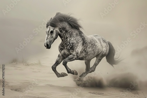 Grey Horse s Wild Leap  Majestic Power in Sandy Expanse