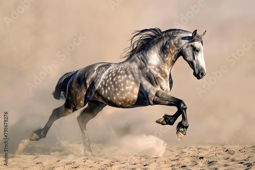 Powerful Leap: Grey Horse Majesty in Sandy Expanse