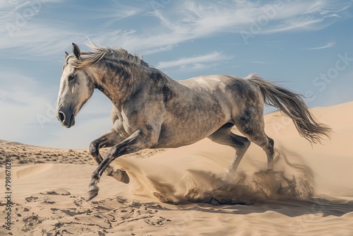 Unbridled Freedom: Grey Horse Frozen in Mid-Leap Across Desert Sands