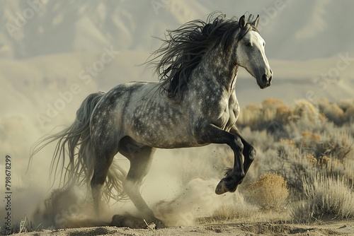 Desert Spirit  Grey Horse Rearing with Untamed Power and Grace