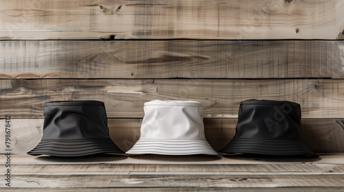 Mockup of clothes collections for an advertisement, poster, or art design. Three basic white, grey, and black bucket hats are displayed on a wooden background. photo