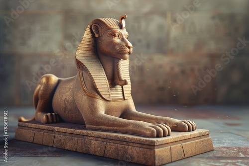 A golden statue of Sphinx Riddle is laying on its back on a stone pedestal