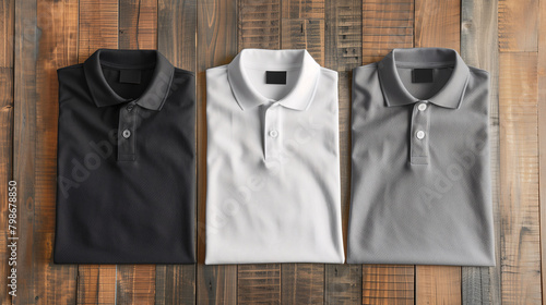 Mockup of clothes collections for an advertisement, poster, or art design. Three basic white, grey, and black folded polo shirts are displayed on a wooden background. photo