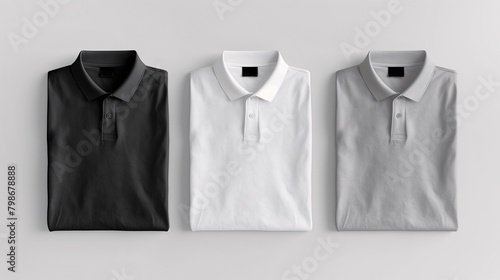 Mockup of clothes collections for an advertisement, poster, or art design. Three basic white, grey, and black folded polo shirts are displayed on a plain white background. photo