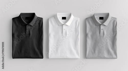 Mockup of clothes collections for an advertisement, poster, or art design. Three basic white, grey, and black folded polo shirts are displayed on a plain white background.