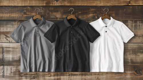 Mockup of clothes collections for an advertisement, poster, or art design. Three basic white, grey, and black hanging polo shirts are displayed on a wooden background. photo