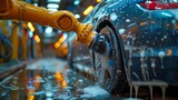 The robotic arm gently cleans the shiny blue car in the busy car wash shop, Generated by AI