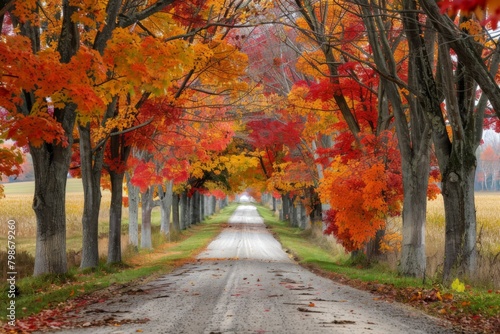 Country Road Flanked by Bright Autumn Trees