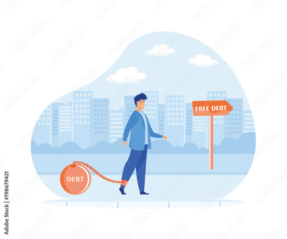 Debt Free concept. Businessman in face mask tied by a burden with debt text and walking toward debt free signpost. flat vector modern illustration Debt Free concept. Businessman in face mask tied by a burden with debt text and walking toward debt free signpost. flat vector modern illustration