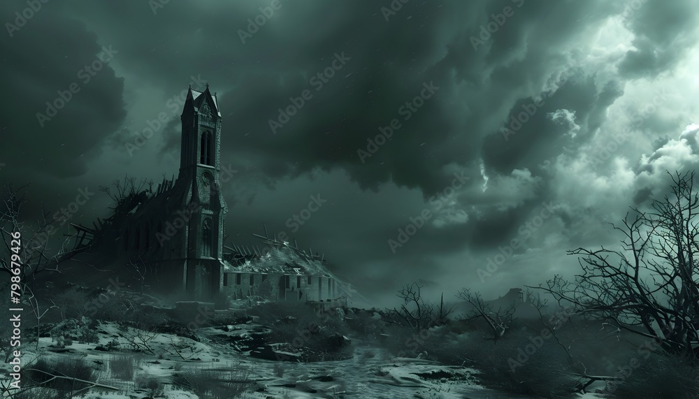 Ominous Gothic Castle Looming in Shadowy Landscape Under Grim Stormy Skies