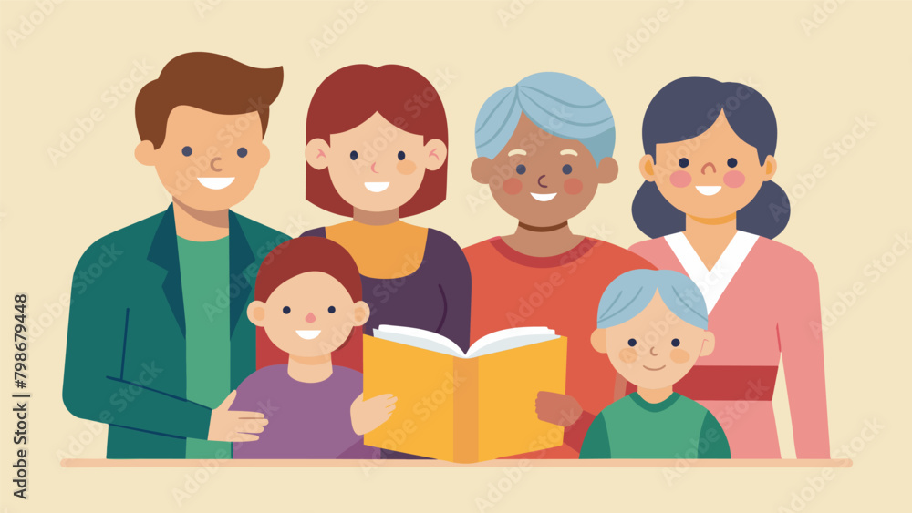 Three generations of family huddled around a photo album retelling stories and reminiscing about loved ones who have passed on at a reunion.. Vector illustration