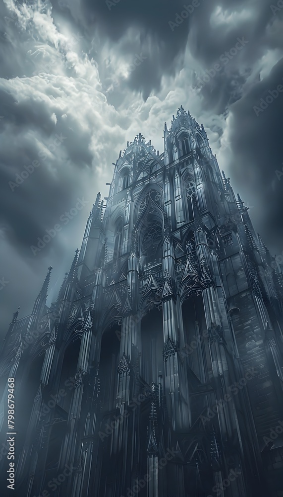 Gothic Cathedral Towers Reaching for the Heavens in a Dramatic Storm Cloud Filled Sky