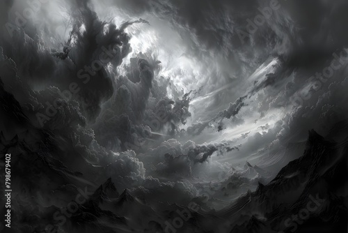 Ominous Gothic Clouds Loom Over Shadowy Landscape in Dramatic Monochromatic Atmospheric Scene