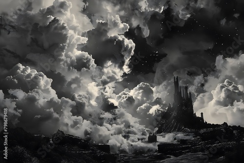 Ominous Gothic Castle Shrouded in Dramatic Storm Clouds and Atmospheric Lighting