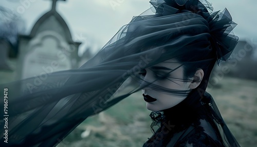 Gothic Mourning Widow Stands Solemnly by Graveside as Dark Veil Billows in Wind at Misty Cemetery