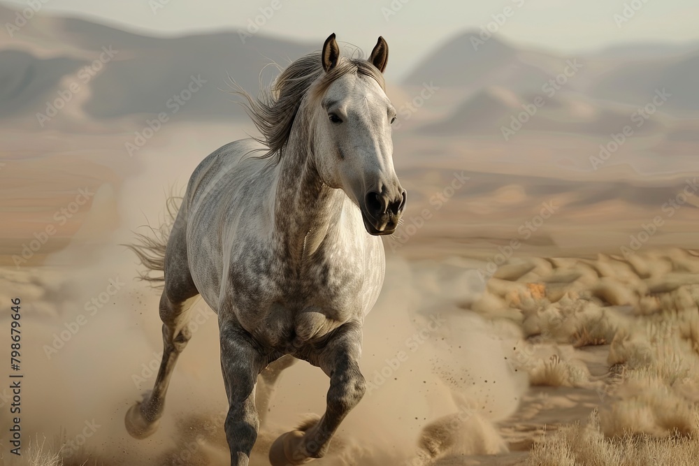 Obraz premium Graceful Grey Horse Galloping Against Expansive Desert Backdrop