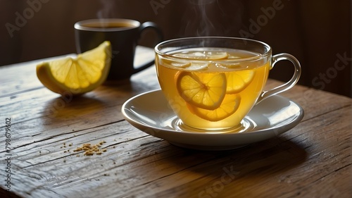 /imagine: A serene scene unfolds on a wooden table, where a cup of ginger tea is gently infused with the tangy essence of lemon and the sweetness of honey. The delicate steam rises from the cup, mingl