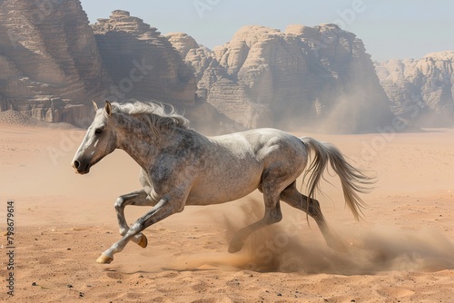 Grey Horse Galloping Against Expansive Desert Backdrop  A Moment of Pure Natural Beauty