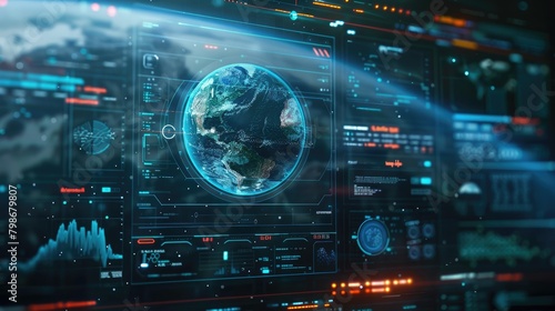 Advanced futuristic display screen featuring holographic representation of Earth and digital telemetry data for computer desktop background
