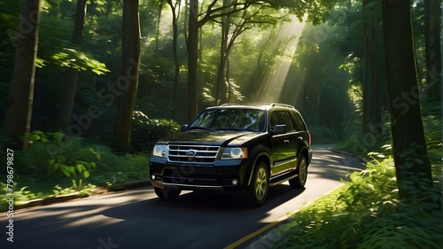 /imagine: A sleek black SUV cruises along a winding road meandering through a verdant forest on an upcoming international sunny day. The sunlight filters through the dense foliage, casting dappled sha