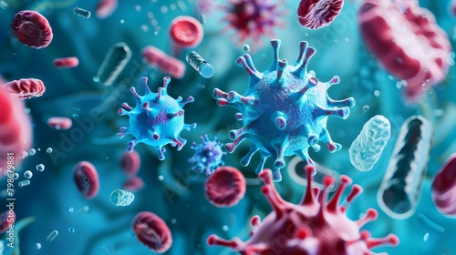 Microscopic view of Healthcare-Associated Infections HAIs showing viruses,bacteria,and other pathogens that can be transmitted in healthcare settings