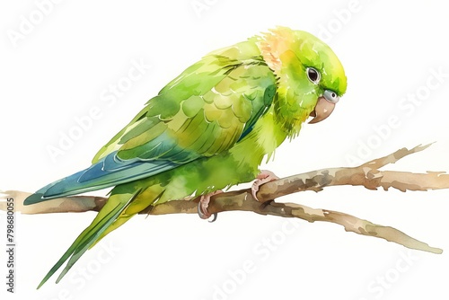 Bright green parakeet perched on a branch, feathers a vivid splash of color, detailed and lively, isolated on white background, watercolor