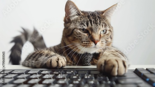 The smart cat in a tie presses the keys of a computer keyboard. White background. photo