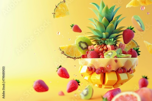 A fruit salad with a pineapple and strawberries on top