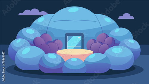 A large podlike structure filled with soft billowing pillows and controlled by a touch screen panel where users can adjust the lighting sound and.