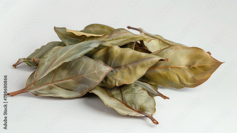 Dried Bay leaves, green to brown gradient, herbal concept on white background Dried Bay leaves, green to brown gradient, herbal concept on white background