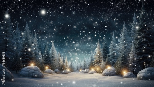 Starlit Serenity: Snowfall in Pine Forest
