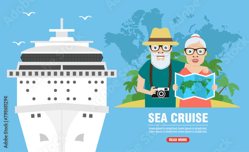 Sea cruise.Vacation for an elderly couple. Time to travel concept design flat