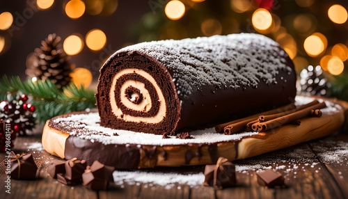 Yule log roll cake for Christmas decorated with chocolate ganache 