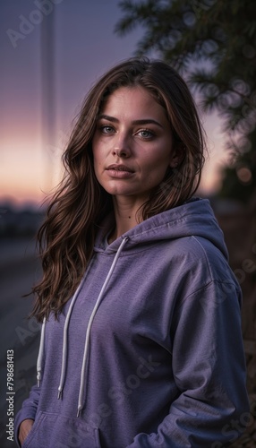 Portrait of a young woman in a blank purple hoodie looking at the camera. Mockup design concept