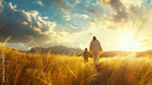 Fototapeta Naklejka Na Ścianę i Meble -  An uplifting image of Jesus Christ and a child walking together towards a bright horizon. 
