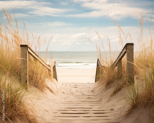 Closeup of weathered wooden stairway leading to a beach, sea oats and sand dunes framing the path, serene coastal vibe photo