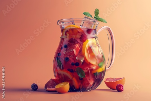 pitcher of fruit punch with ice cubes and raspberries