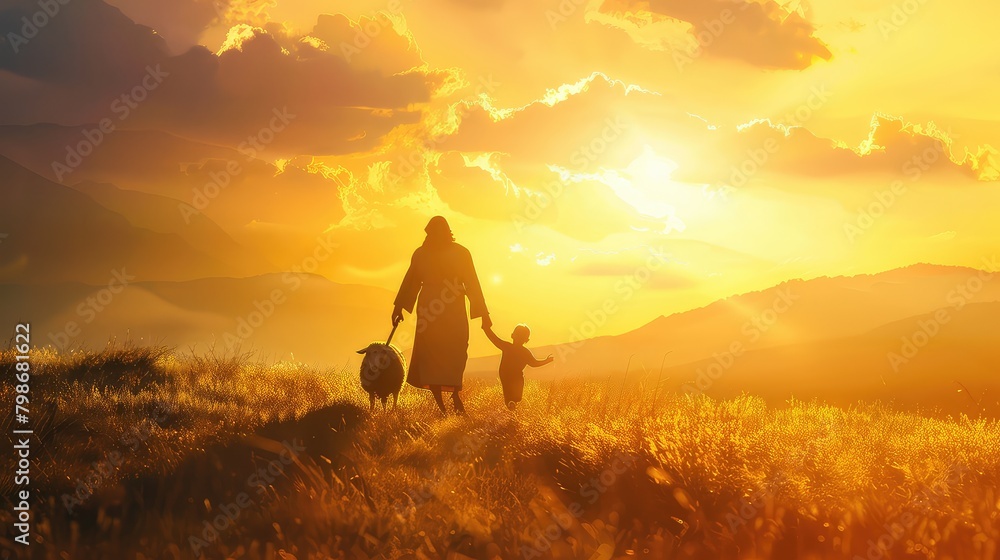 A symbolic representation of Jesus Christ as the shepherd leading a child to eternal life.