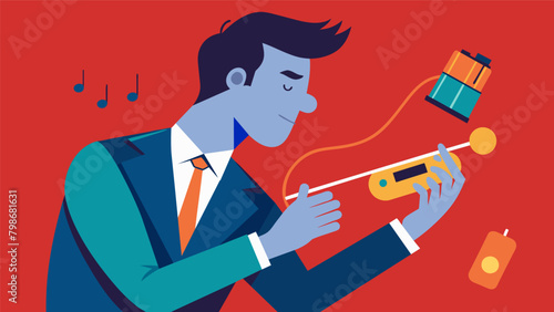 A musician wearing a small device attached to his fingertips playing his instrument with newfound clarity and skill..